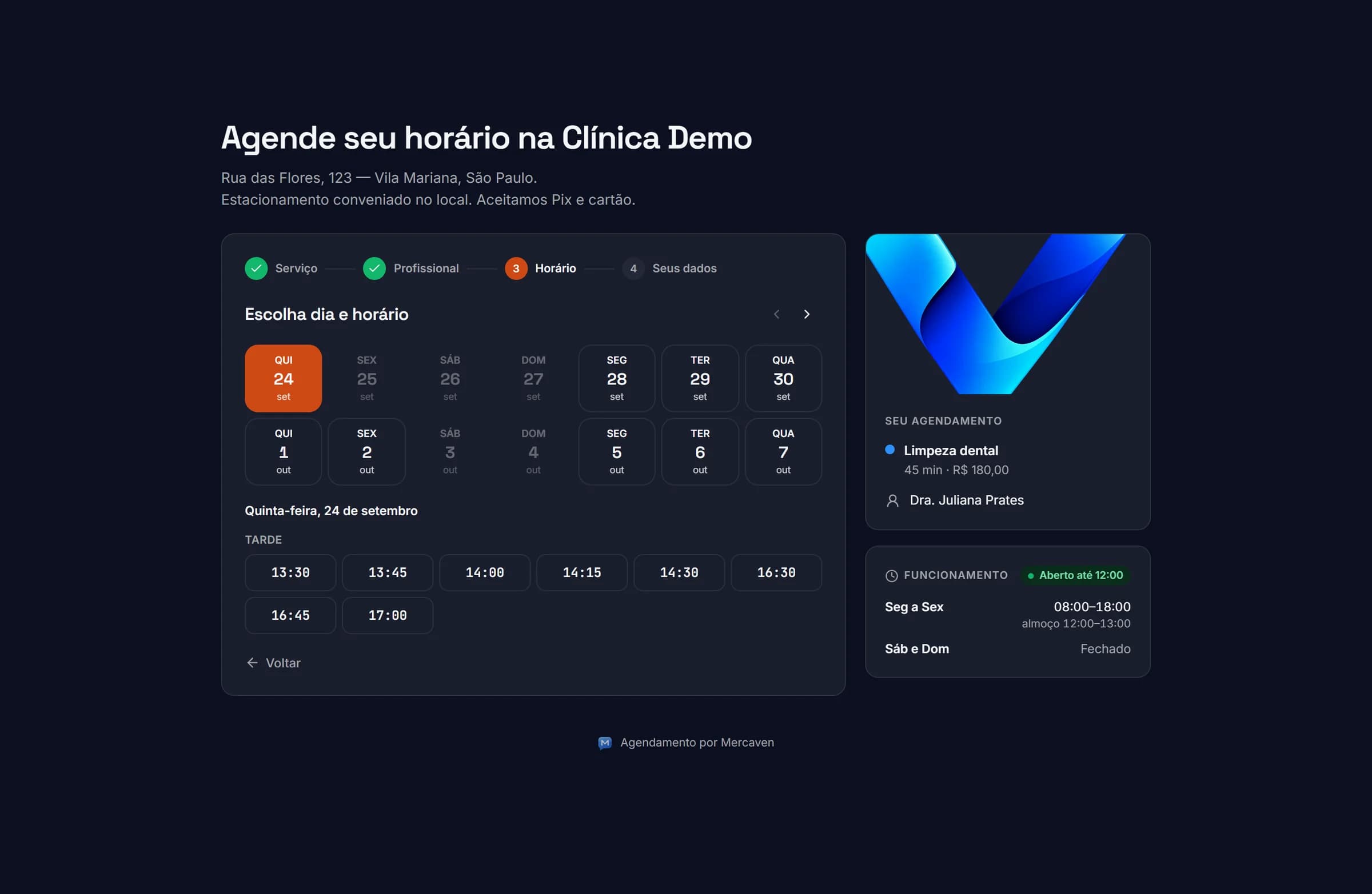 Agendamento online (visão do cliente): O cliente escolhe serviço, profissional e um horário livre de verdade.