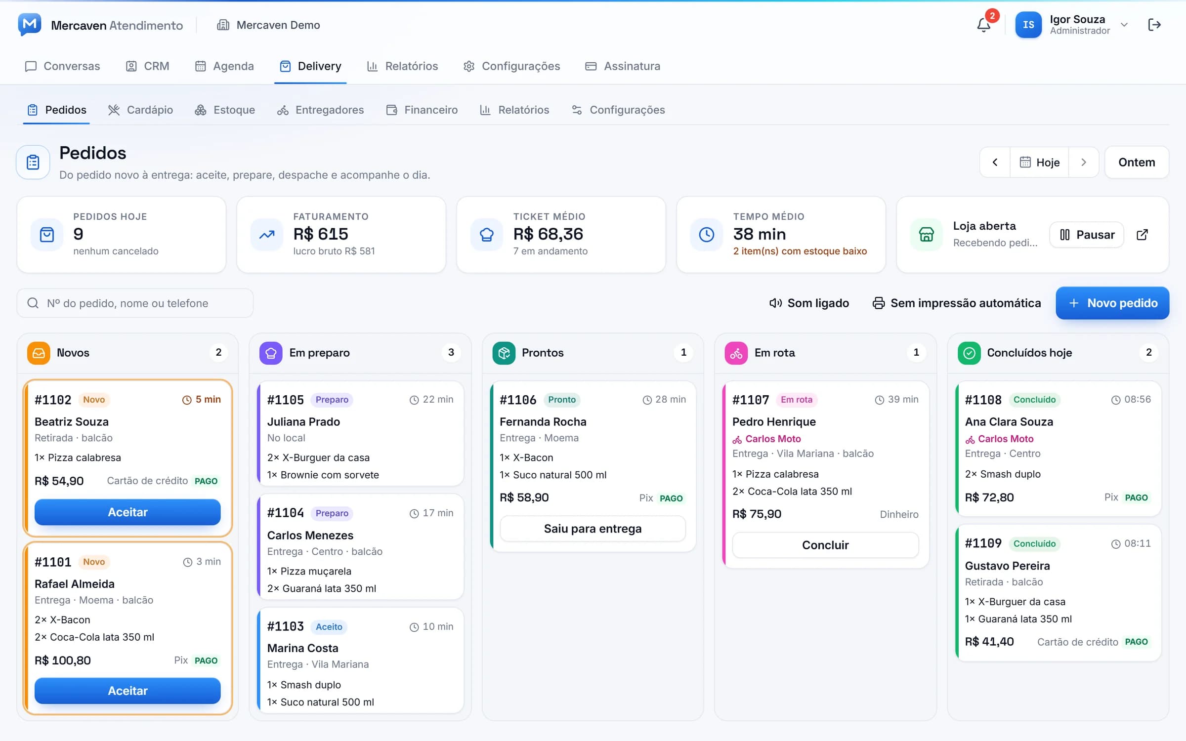 Quadro de pedidos do delivery com pedidos novos, em preparo, prontos e em rota