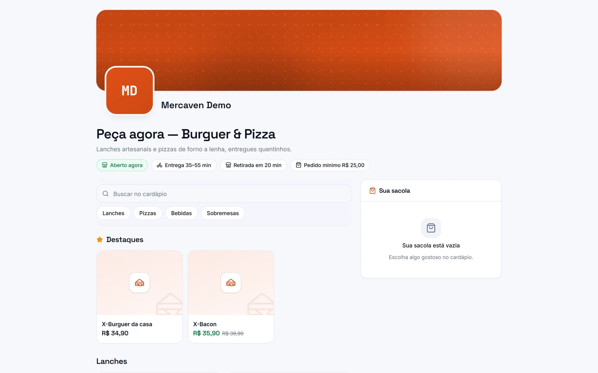 Loja online com cardápio e carrinho
